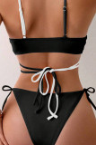 Black And White Sportswear Color Block Bandage Hollowed Out Patchwork Swimwears(With Paddings)