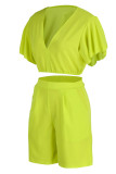 Yellow Casual Solid Flounce V Neck Short Sleeve Two Pieces