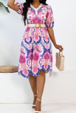 Pink Celebrities Print Patchwork With Belt Zipper V Neck A Line Dresses