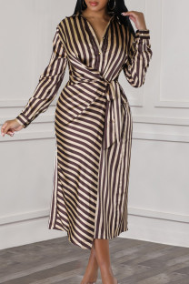 Coffee Elegant Striped Bandage Patchwork Buckle Turndown Collar Long Dresses