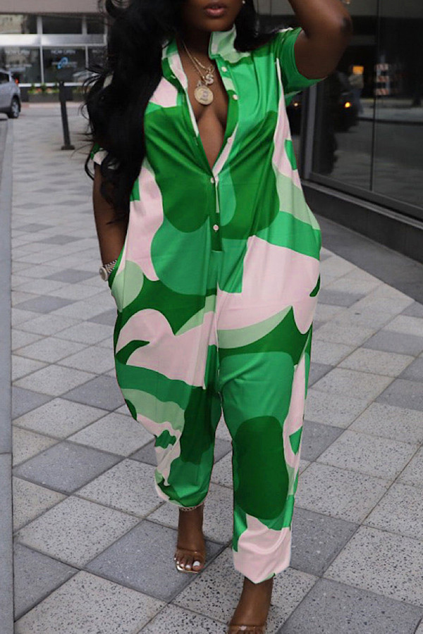 Green Casual Print Patchwork Pocket Buckle Turndown Collar Loose Jumpsuits