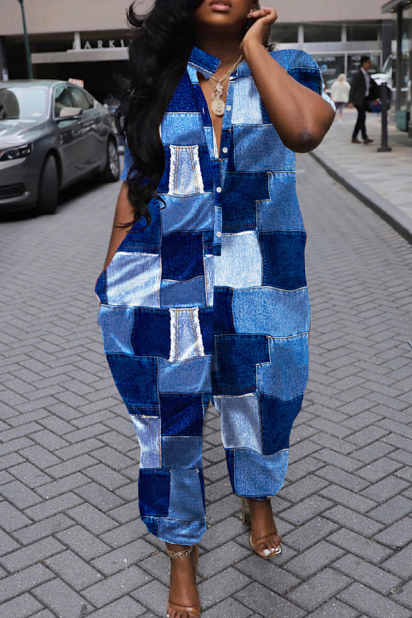 Blue Casual Print Patchwork Pocket Buckle Turndown Collar Loose Jumpsuits