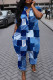 Blue Casual Print Patchwork Pocket Buckle Turndown Collar Loose Jumpsuits