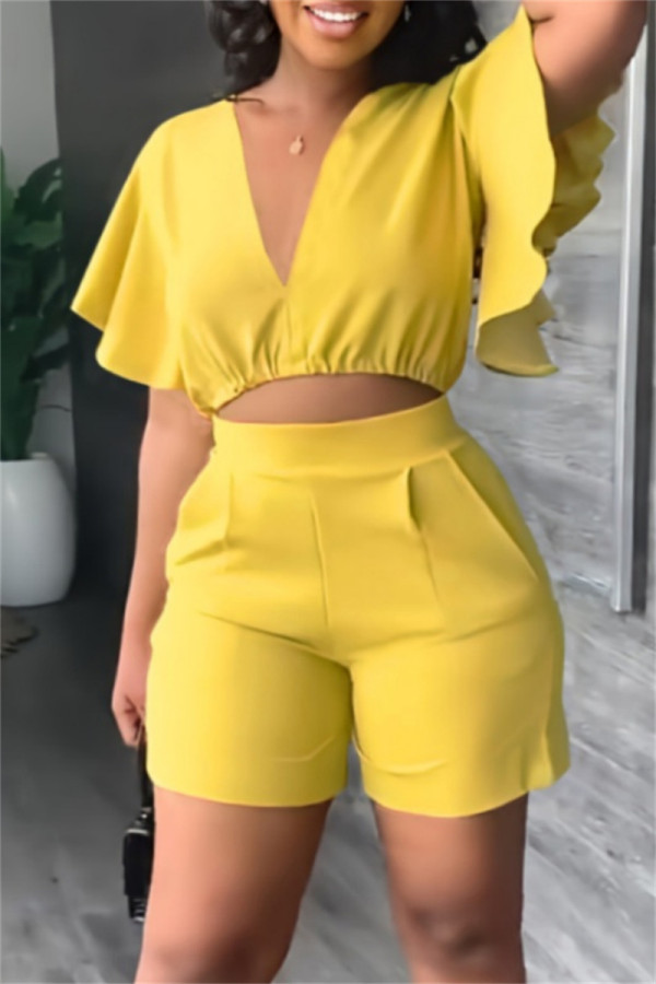 Yellow Casual Solid Flounce V Neck Short Sleeve Two Pieces
