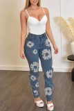 Blue Street Print Patchwork Pocket Buttons Zipper High Waist Regular Denim Jeans