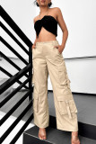 Dark Gray Sexy Solid Patchwork Pocket Buttons Zipper Loose High Waist Wide Leg Patchwork Bottoms