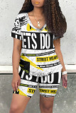 Black Yellow Casual Letter Character Print V Neck Short Sleeve Two Pieces