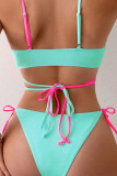 Powder Blue Sportswear Color Block Bandage Hollowed Out Patchwork Swimwears(With Paddings)