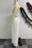 White Casual Street Daily Elegant Simplicity Solid Color Halter Sleeveless Two Pieces