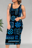 Blue Black Casual Geometric Print U Neck Printed Dresses