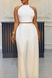 White Casual Street Daily Elegant Simplicity Solid Color Halter Sleeveless Two Pieces