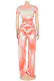 Green Sweet Striped Patchwork Fold V Neck Short Sleeve Two Pieces