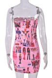 Pink Street Print Hollowed Out Patchwork Slit Strapless Wrapped Skirt Dresses