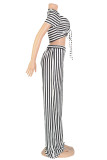 Black Sweet Striped Patchwork Fold V Neck Short Sleeve Two Pieces