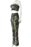 Green Street Print Patchwork Backless Strapless Sleeveless Two Pieces