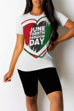 Black Casual Figure Letter Love Print Contrast O Neck Short Sleeve Two Pieces