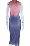 Orange Blue Elegant Gradient Patchwork O Neck Long Dresses