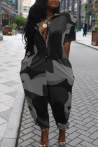 Dark Gray Casual Print Patchwork Pocket Buckle Turndown Collar Loose Jumpsuits