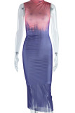 Orange Blue Elegant Gradient Patchwork O Neck Long Dresses