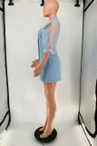 Baby Blue Street Solid Mesh Turndown Collar Shirt Dress Dresses