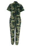 Army Green Casual Print Patchwork Pocket Buckle Turndown Collar Loose Jumpsuits