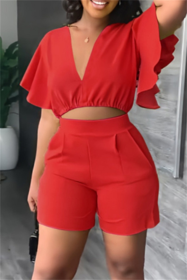 Red Casual Solid Flounce V Neck Short Sleeve Two Pieces