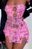 Pink Street Print Hollowed Out Patchwork Slit Strapless Wrapped Skirt Dresses