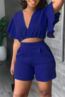 Deep Blue Casual Solid Flounce V Neck Short Sleeve Two Pieces