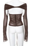 Brown Sexy Solid Hollowed Out Patchwork Draw String See-through Off the Shoulder Tops