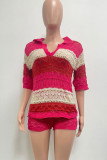 Rose Red Casual Color Block Hollowed Out Patchwork Weave V Neck Half Sleeve Two Pieces