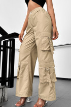 Khaki Sexy Solid Patchwork Pocket Buttons Zipper Loose High Waist Wide Leg Patchwork Bottoms
