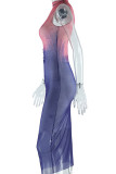 Orange Blue Elegant Gradient Patchwork O Neck Long Dresses