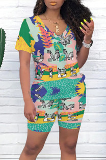 Green Casual Letter Character Print V Neck Short Sleeve Two Pieces