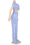 Blue Sweet Striped Patchwork Fold V Neck Short Sleeve Two Pieces