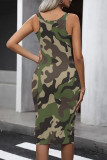Army Green Casual Camouflage Print U Neck Printed Dresses