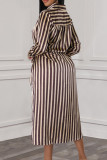 Coffee Elegant Striped Bandage Patchwork Buckle Turndown Collar Long Dresses