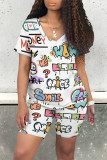 Black Yellow Casual Letter Character Print V Neck Short Sleeve Two Pieces