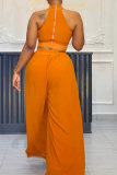 Orange Yellow Casual Street Daily Elegant Simplicity Solid Color Halter Sleeveless Two Pieces