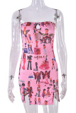 Pink Street Print Hollowed Out Patchwork Slit Strapless Wrapped Skirt Dresses