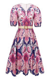 Pink Celebrities Print Patchwork With Belt Zipper V Neck A Line Dresses