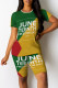 Green Yellow Casual Figure Letter Love Print Contrast O Neck Short Sleeve Two Pieces