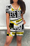 Black Yellow Casual Letter Character Print V Neck Short Sleeve Two Pieces