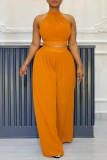 Orange Yellow Casual Street Daily Elegant Simplicity Solid Color Halter Sleeveless Two Pieces