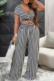 Black Sweet Striped Patchwork Fold V Neck Short Sleeve Two Pieces