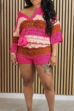 Rose Red Casual Color Block Hollowed Out Patchwork Weave V Neck Half Sleeve Two Pieces