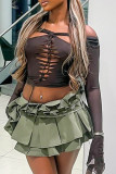 Brown Sexy Solid Hollowed Out Patchwork Draw String See-through Off the Shoulder Tops