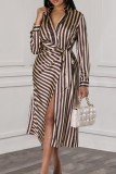 Coffee Elegant Striped Bandage Patchwork Buckle Turndown Collar Long Dresses