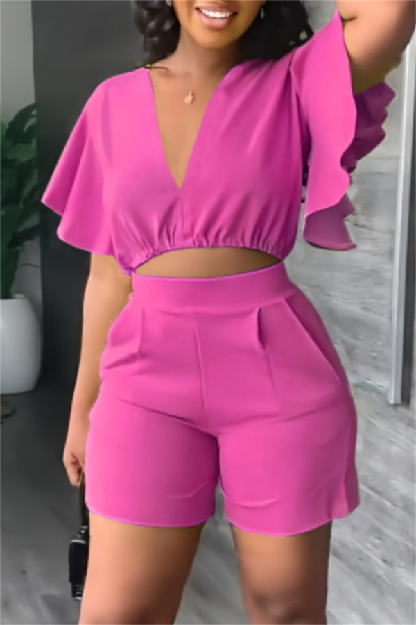 Rose Red Casual Solid Flounce V Neck Short Sleeve Two Pieces