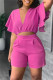 Rose Red Casual Solid Flounce V Neck Short Sleeve Two Pieces