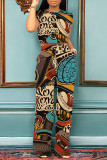 Brown Casual Gradient Print Graffiti Pocket Contrast O Neck Short Sleeve Two Pieces